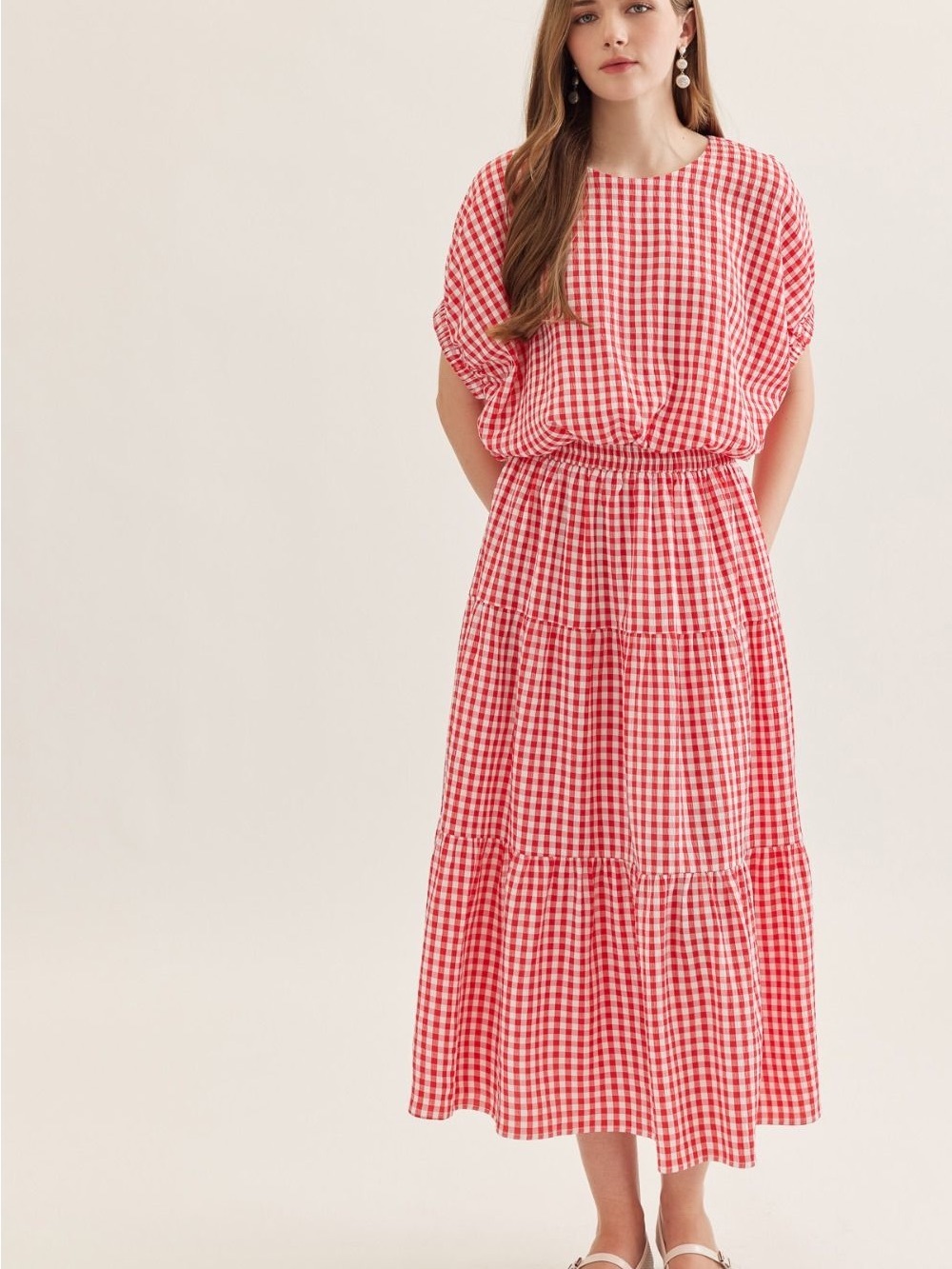 ENTRO Red Gingham Tiered Midi Skirt Set - Womens NWT